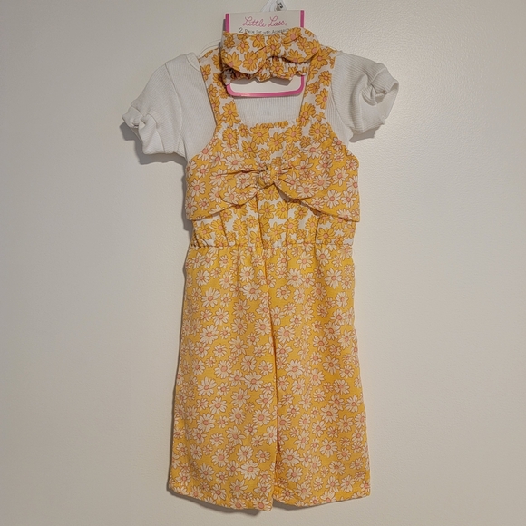 NWT Little Lass Baby Girl 12 Month Romper Outfit Set Floral Yellow w/ Shirt Bow - Picture 1 of 3